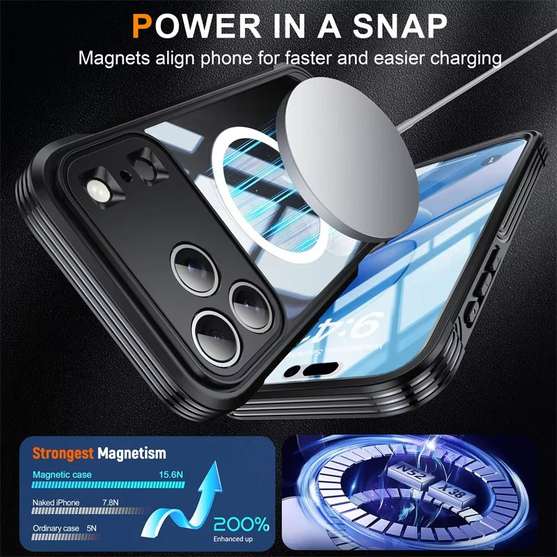 Luxury iPhone Case — 360° Transparent Magnetic Full-Coverage Double-Sided Shockproof TPU Cover, MagSafe Compatible, Wireless-Charging Safe