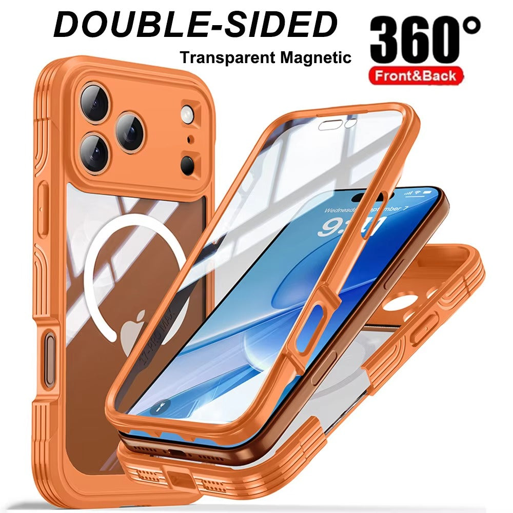 Luxury iPhone Case — 360° Transparent Magnetic Full-Coverage Double-Sided Shockproof TPU Cover, MagSafe Compatible, Wireless-Charging Safe