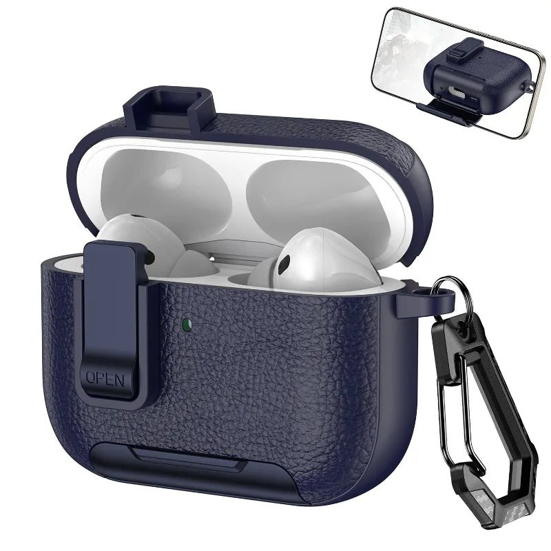 Luxury AirPods Pro 3 Leather-Texture Protective Case with Secure Lock, Invisible Phone Stand, Shockproof Dustproof Design & Wireless Charging Support
