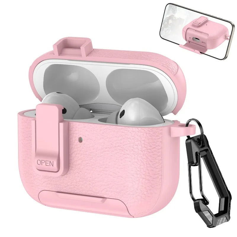Luxury AirPods Pro 3 Leather-Texture Protective Case with Secure Lock, Invisible Phone Stand, Shockproof Dustproof Design & Wireless Charging Support