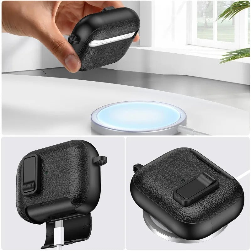Luxury AirPods Pro 3 Leather-Texture Protective Case with Secure Lock, Invisible Phone Stand, Shockproof Dustproof Design & Wireless Charging Support