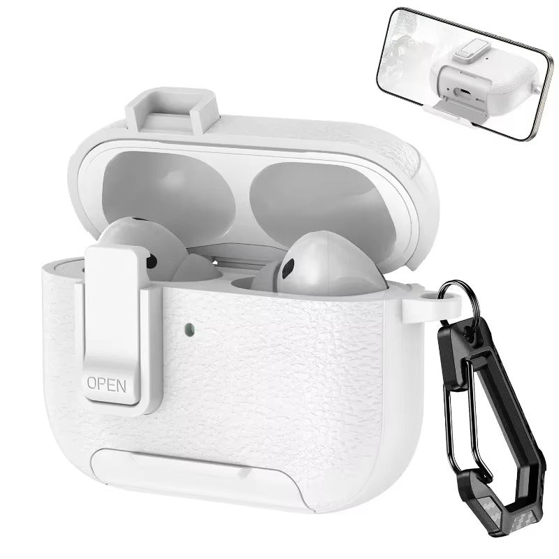 Luxury AirPods Pro 3 Leather-Texture Protective Case with Secure Lock, Invisible Phone Stand, Shockproof Dustproof Design & Wireless Charging Support