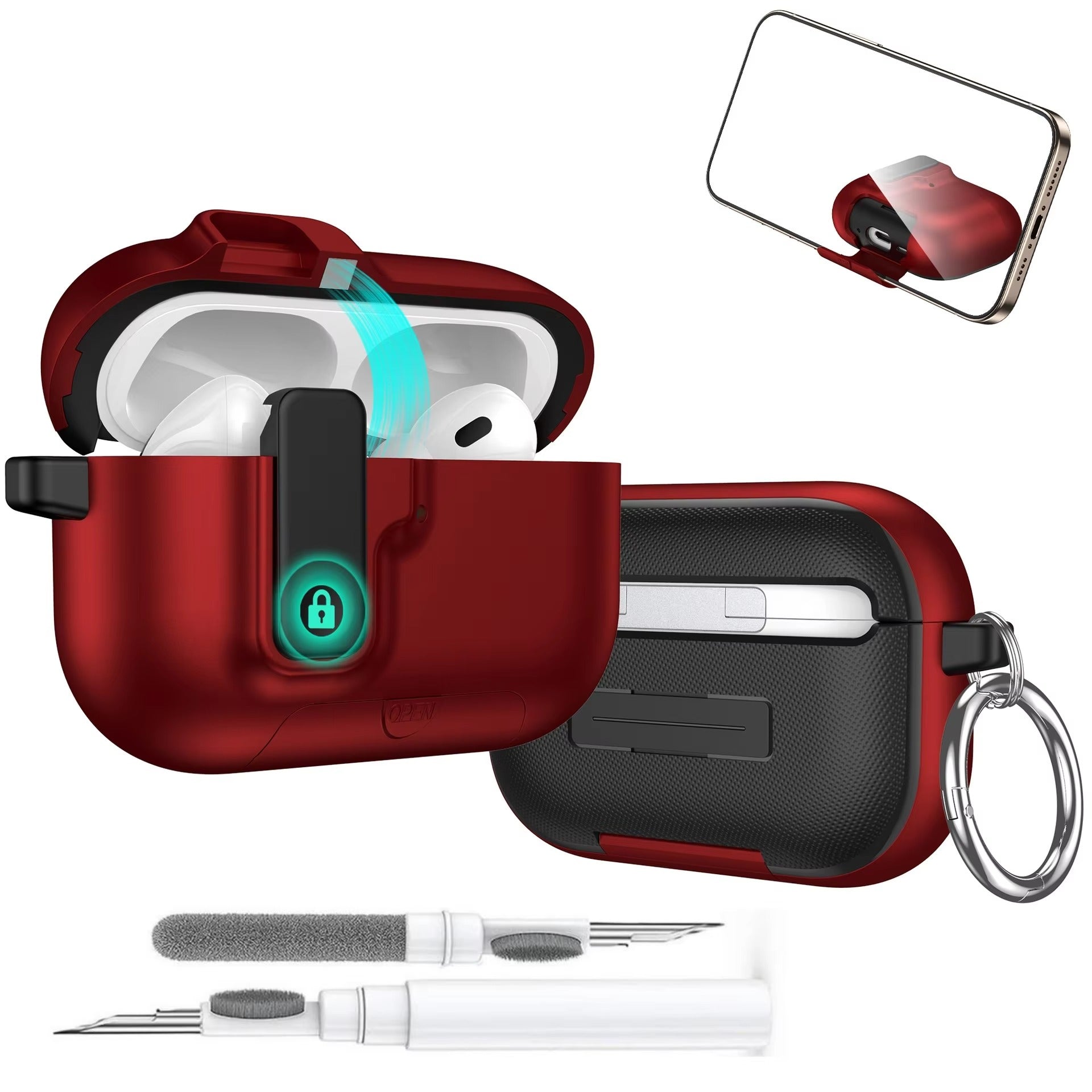 Luxury AirPods Pro 3 TPU Protective Case with Magnetic Auto-Lock, Built-In Phone Stand & Cleaner Kit – Full Coverage Shockproof Design