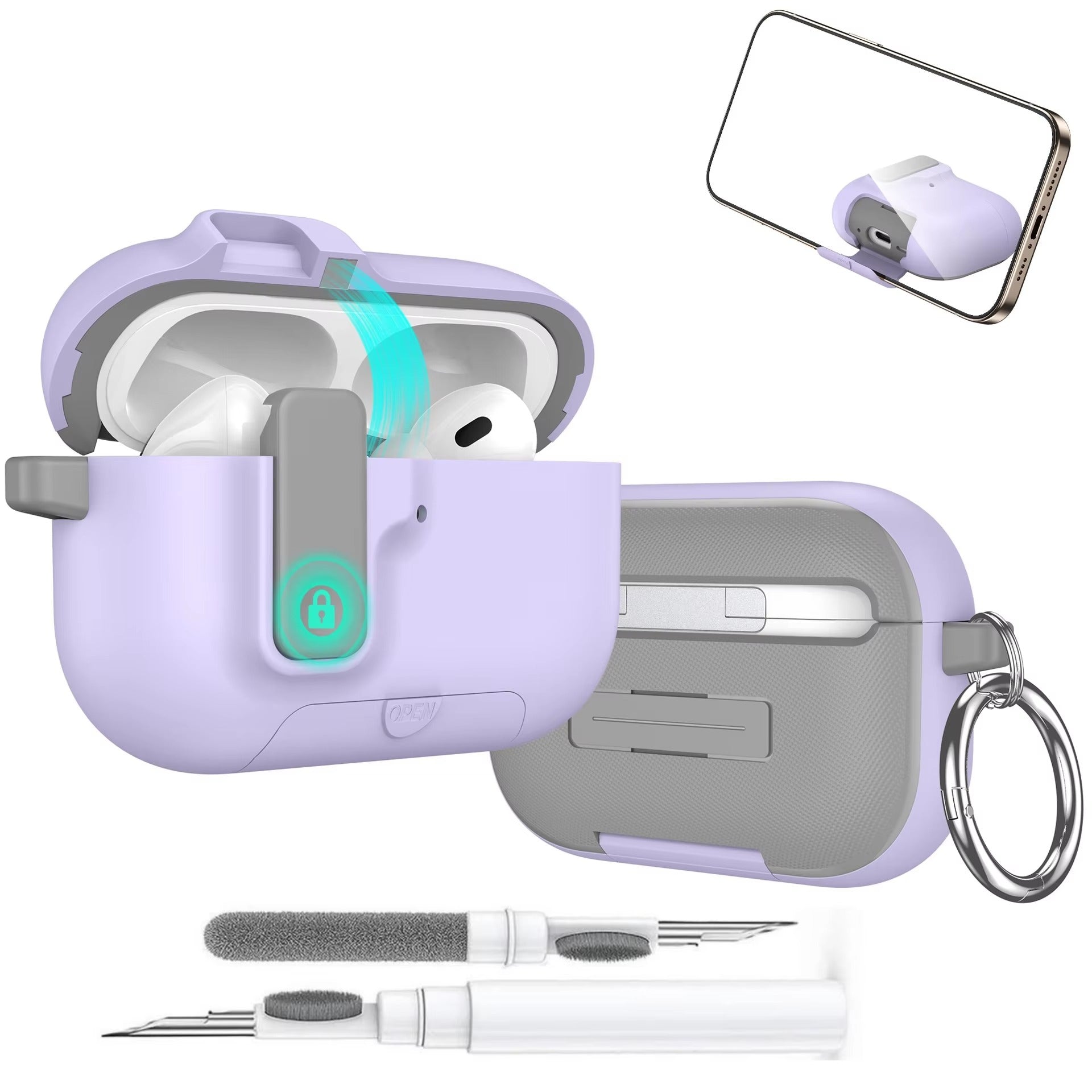 Luxury AirPods Pro 3 TPU Protective Case with Magnetic Auto-Lock, Built-In Phone Stand & Cleaner Kit – Full Coverage Shockproof Design