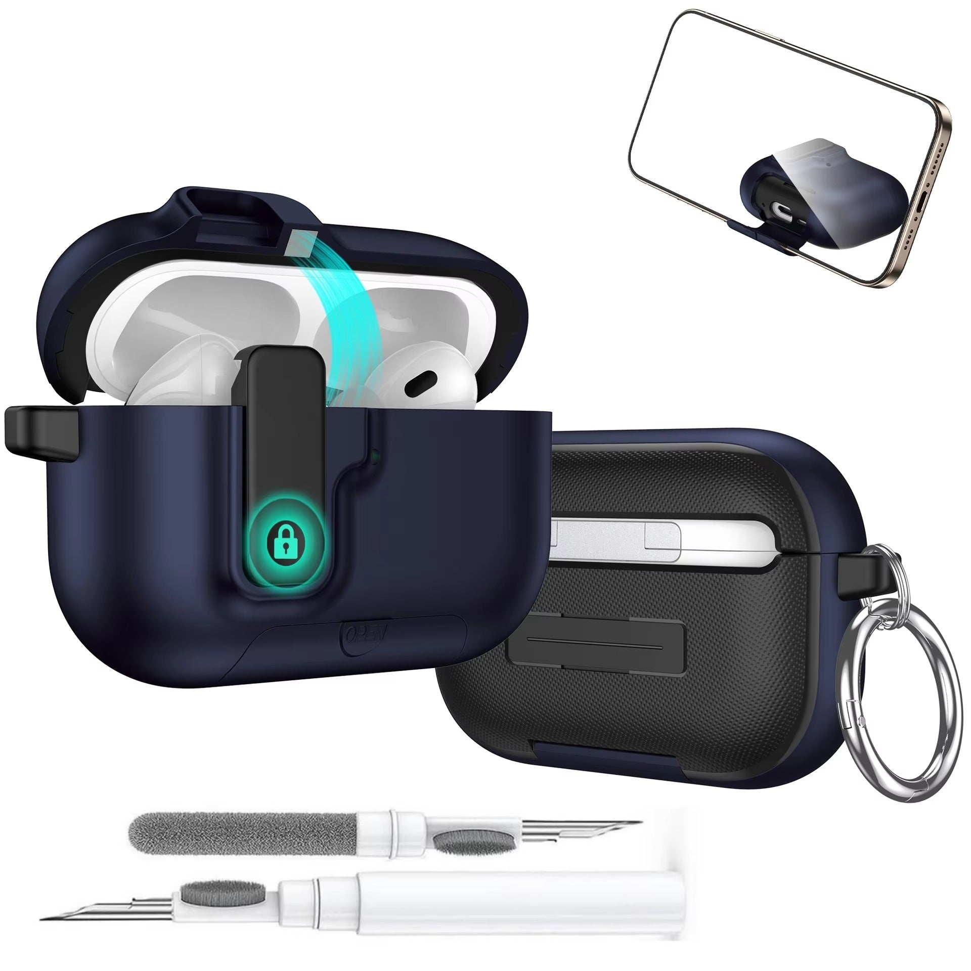 Luxury AirPods Pro 3 TPU Protective Case with Magnetic Auto-Lock, Built-In Phone Stand & Cleaner Kit – Full Coverage Shockproof Design