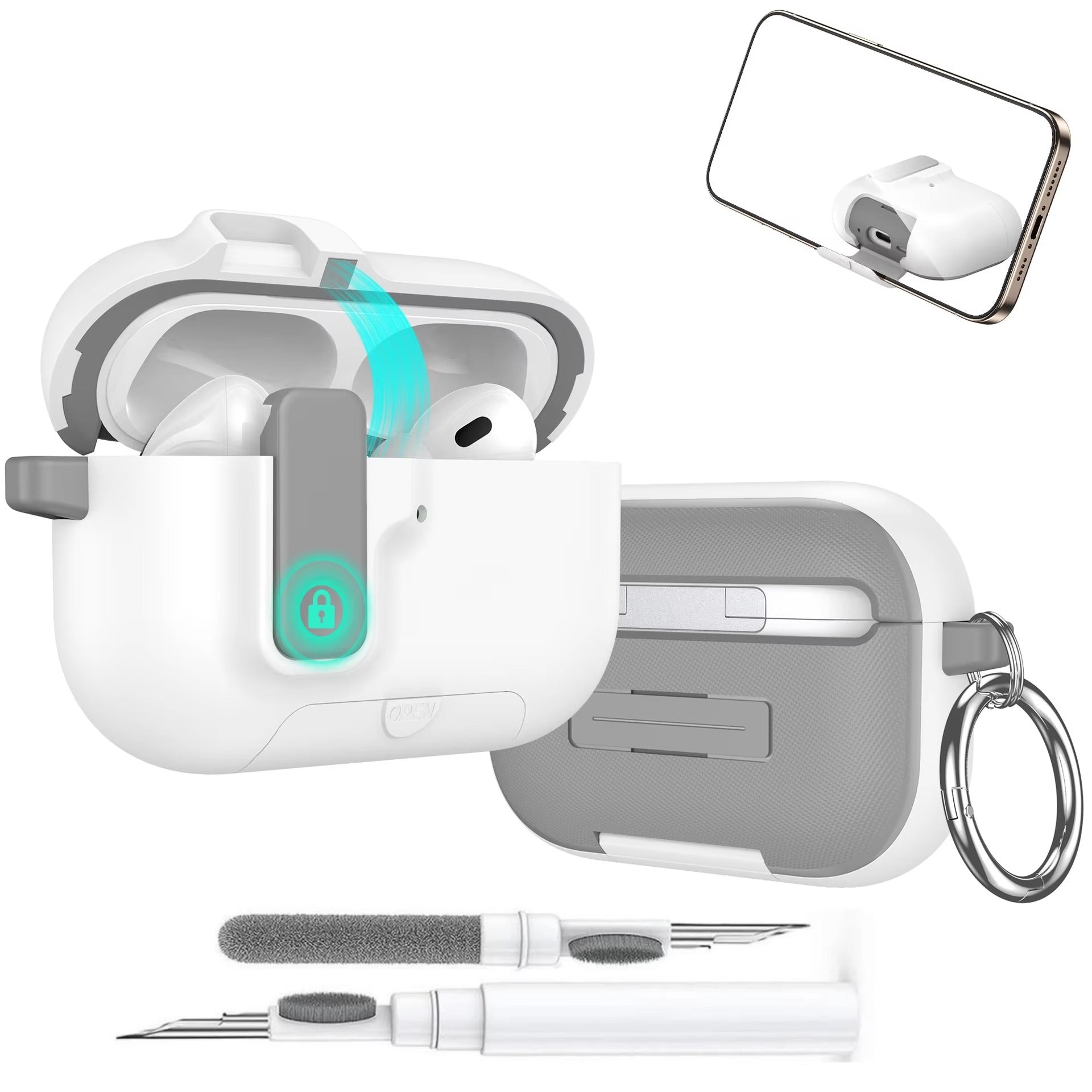 Luxury AirPods Pro 3 TPU Protective Case with Magnetic Auto-Lock, Built-In Phone Stand & Cleaner Kit – Full Coverage Shockproof Design