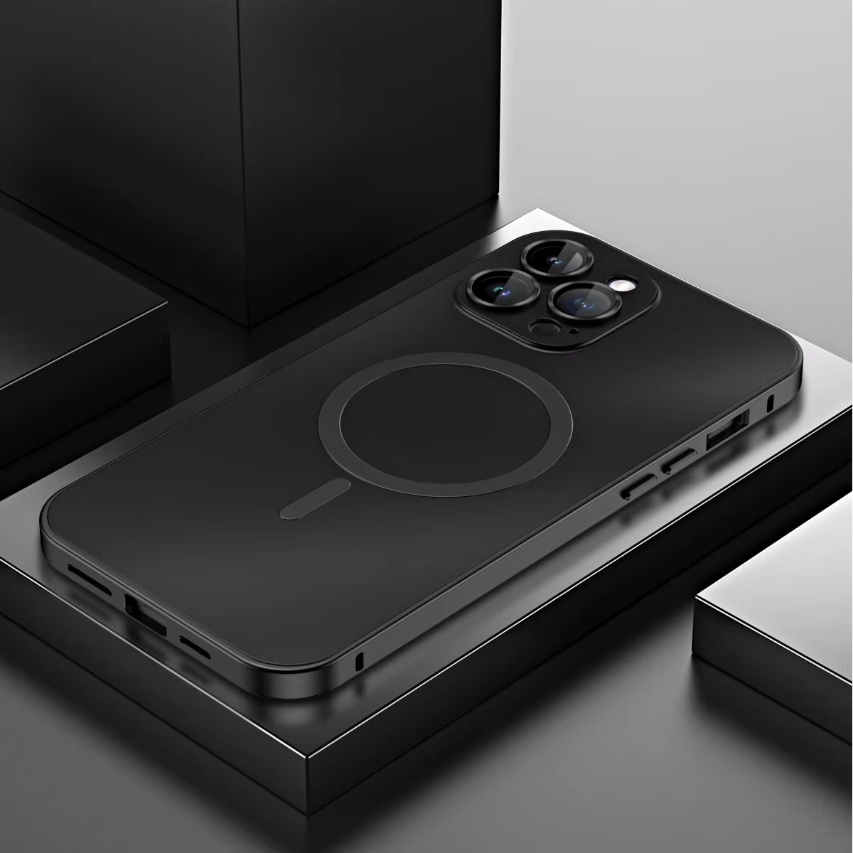 Luxury iPhone Case — Aluminum Alloy Magnetic MagSafe Wireless-Charging Full-Coverage Shockproof Cover with Glass Lens and Matte Anti-Glare Finish