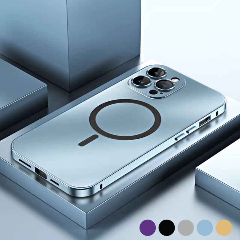 Luxury iPhone Case — Aluminum Alloy Magnetic MagSafe Wireless-Charging Full-Coverage Shockproof Cover with Glass Lens and Matte Anti-Glare Finish