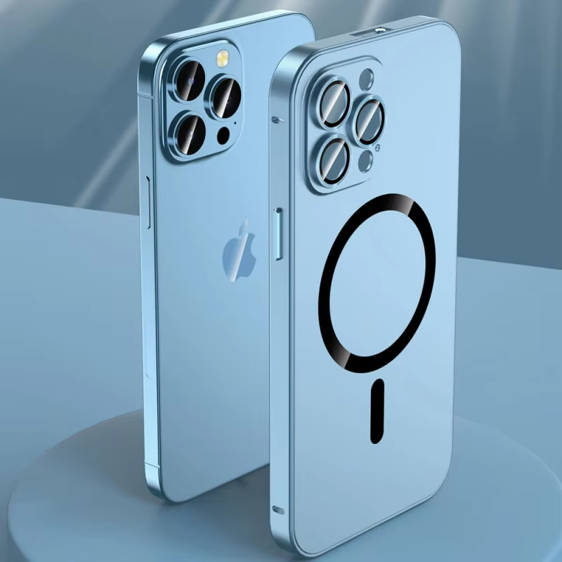 Luxury iPhone Case — Aluminum Alloy Magnetic MagSafe Wireless-Charging Full-Coverage Shockproof Cover with Glass Lens and Matte Anti-Glare Finish