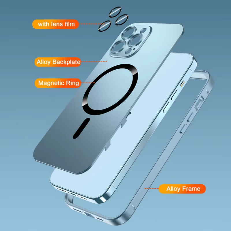Luxury iPhone Case — Aluminum Alloy Magnetic MagSafe Wireless-Charging Full-Coverage Shockproof Cover with Glass Lens and Matte Anti-Glare Finish