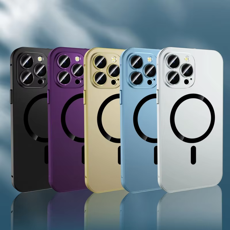 Luxury iPhone Case — Aluminum Alloy Magnetic MagSafe Wireless-Charging Full-Coverage Shockproof Cover with Glass Lens and Matte Anti-Glare Finish