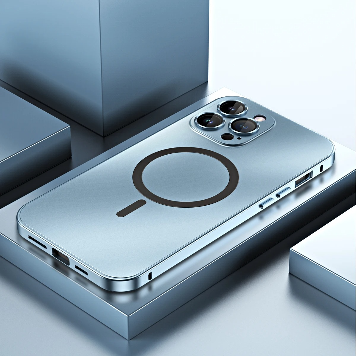 Luxury iPhone Case — Aluminum Alloy Magnetic MagSafe Wireless-Charging Full-Coverage Shockproof Cover with Glass Lens and Matte Anti-Glare Finish