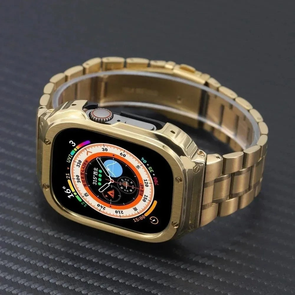 Luxury Apple Watch Stainless Steel Case & Strap with Butterfly Buckle – Full Metal Protective Design