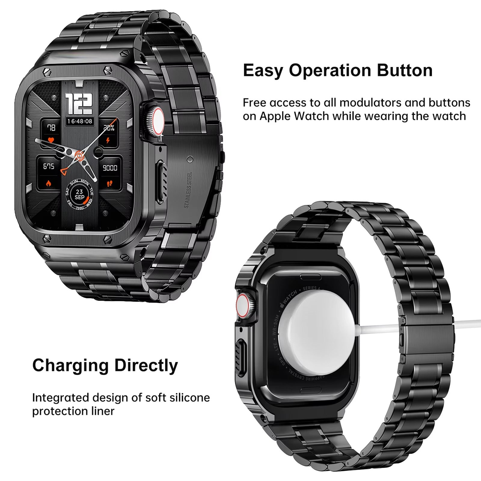 Luxury Apple Watch Stainless Steel Case & Strap with Butterfly Buckle – Full Metal Protective Design