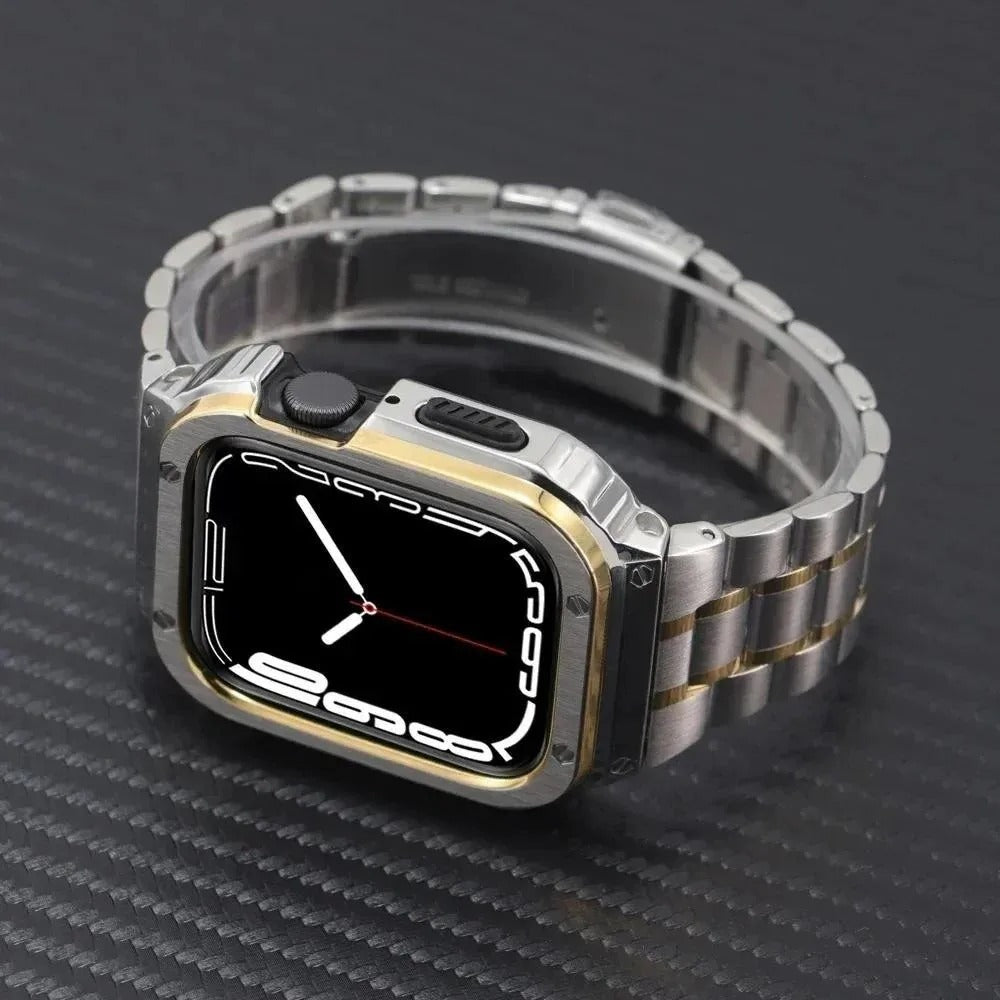 Luxury Apple Watch Stainless Steel Case & Strap with Butterfly Buckle – Full Metal Protective Design