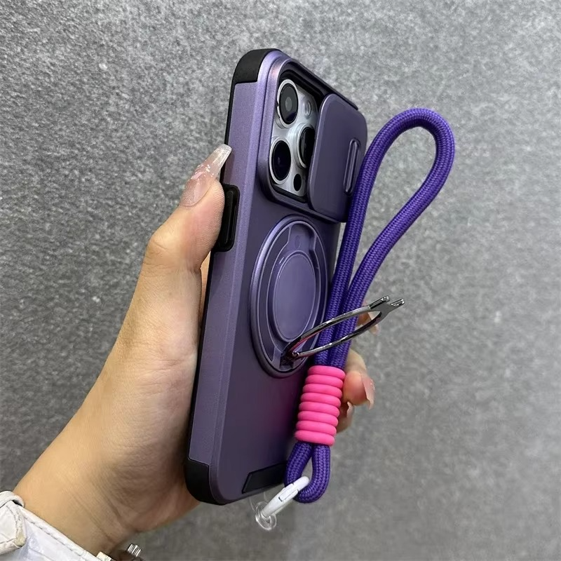 Luxury iPhone Case — Heavy-Duty Rugged Magnetic Bracket Armor with Slide Camera Protection, PC+TPU Shockproof Design, Anti-Fingerprint, Non-Slip