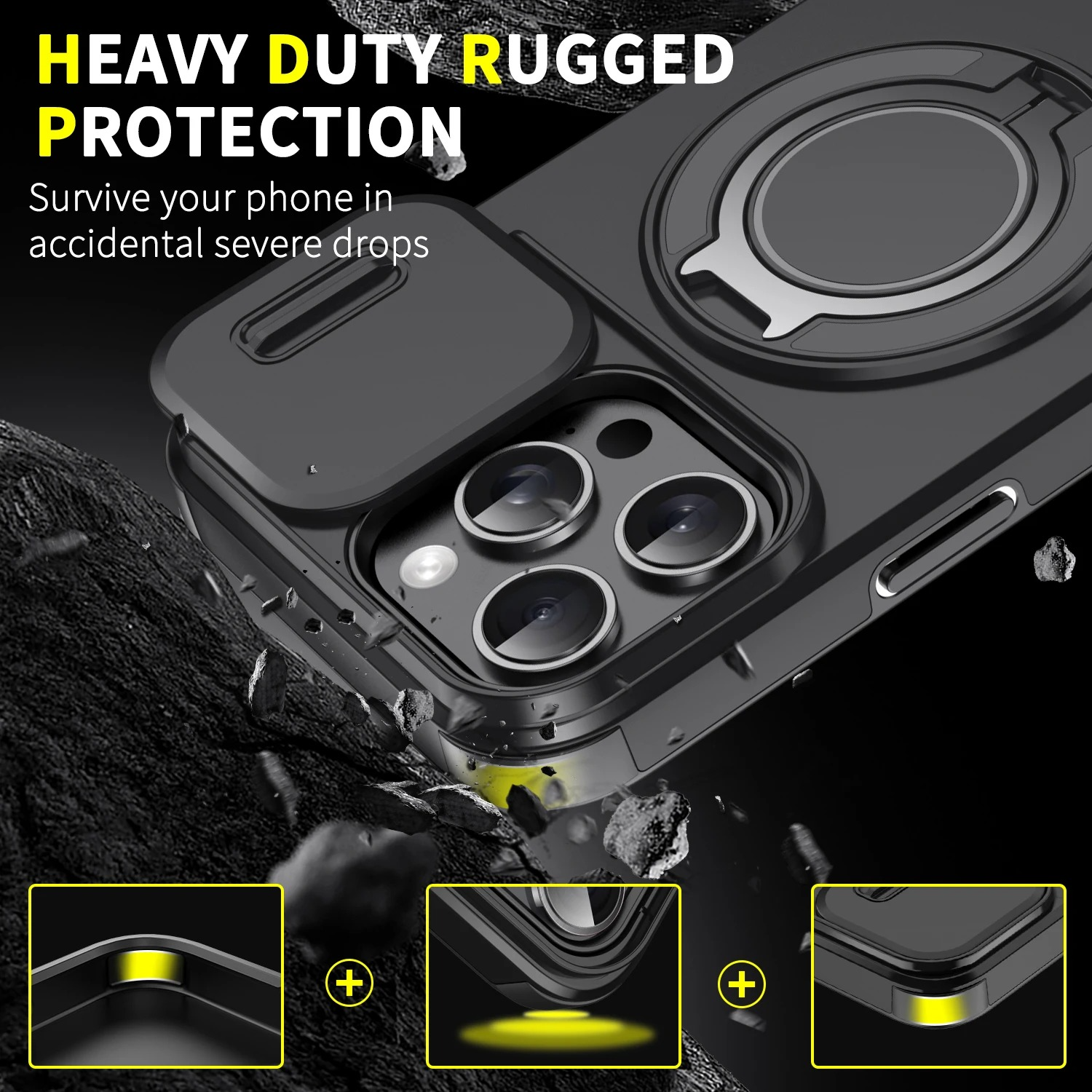Luxury iPhone Case — Heavy-Duty Rugged Magnetic Bracket Armor with Slide Camera Protection, PC+TPU Shockproof Design, Anti-Fingerprint, Non-Slip