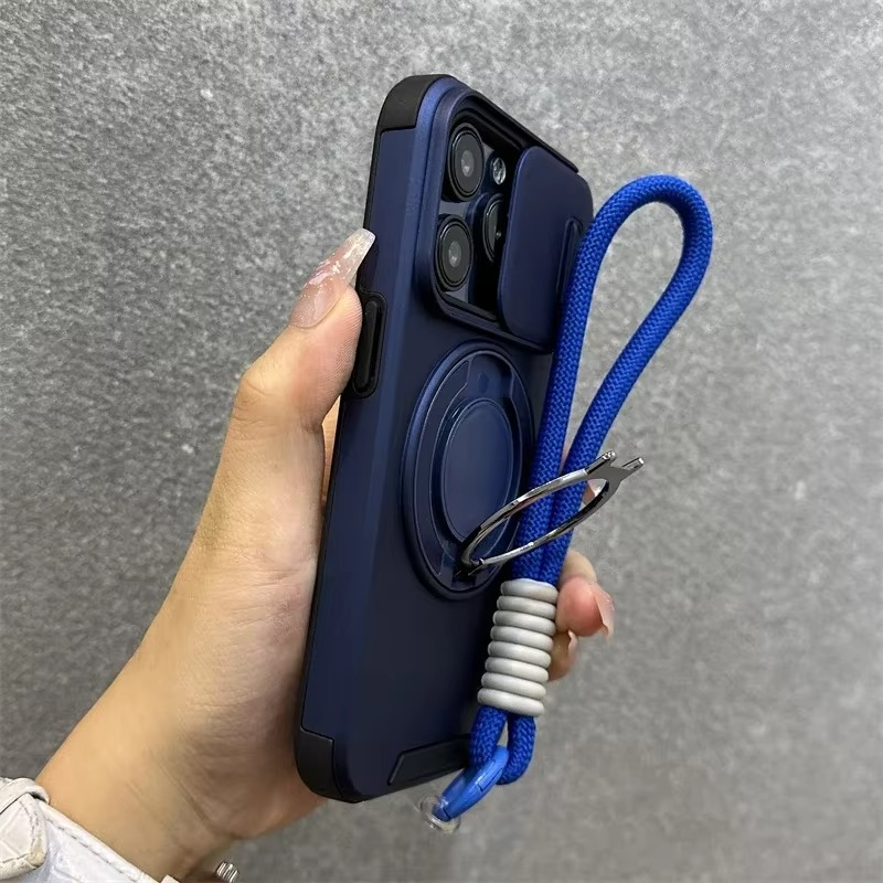 Luxury iPhone Case — Heavy-Duty Rugged Magnetic Bracket Armor with Slide Camera Protection, PC+TPU Shockproof Design, Anti-Fingerprint, Non-Slip