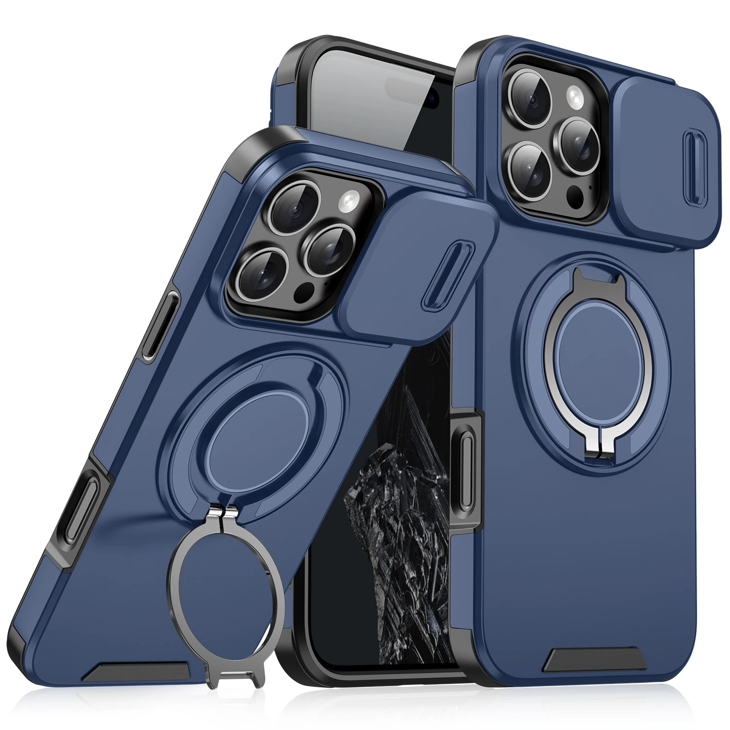 Luxury iPhone Case — Heavy-Duty Rugged Magnetic Bracket Armor with Slide Camera Protection, PC+TPU Shockproof Design, Anti-Fingerprint, Non-Slip