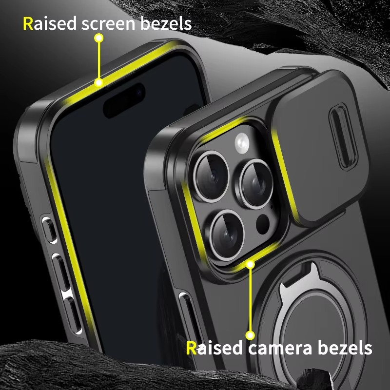 Luxury iPhone Case — Heavy-Duty Rugged Magnetic Bracket Armor with Slide Camera Protection, PC+TPU Shockproof Design, Anti-Fingerprint, Non-Slip