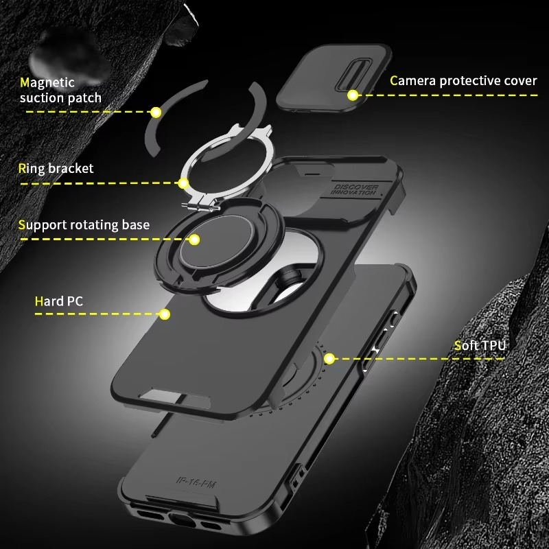 Luxury iPhone Case — Heavy-Duty Rugged Magnetic Bracket Armor with Slide Camera Protection, PC+TPU Shockproof Design, Anti-Fingerprint, Non-Slip