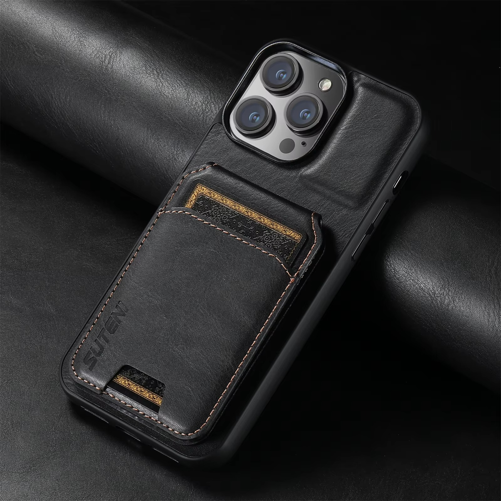 Luxury iPhone Case — Leather Wallet Magnetic Card Holder Pocket Cover, Anti-Scratch, Non-Slip, Full Protection, Plain Design