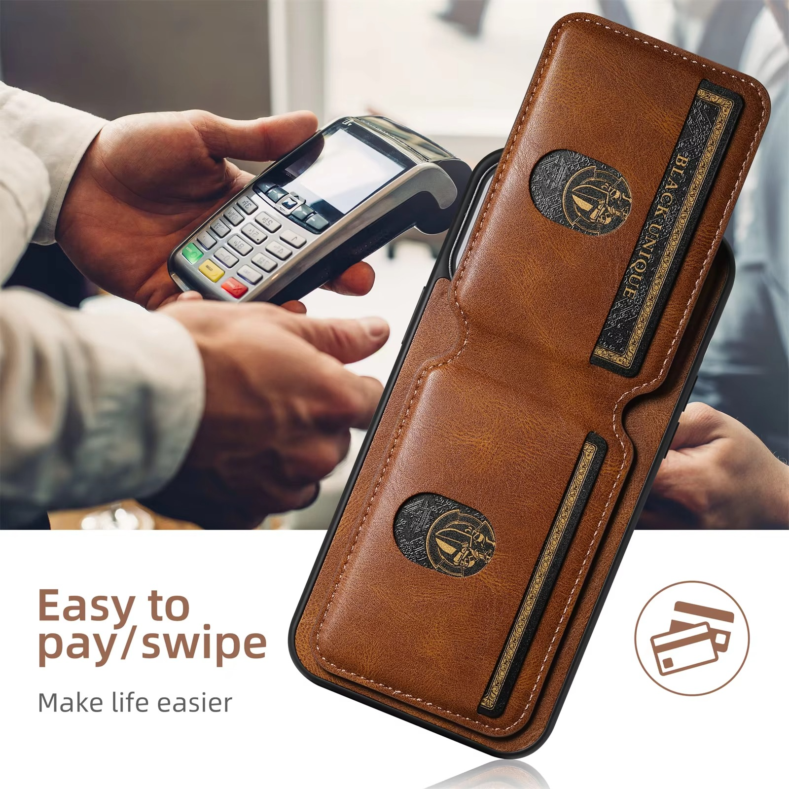 Luxury iPhone Case — Leather Wallet Magnetic Card Holder Pocket Cover, Anti-Scratch, Non-Slip, Full Protection, Plain Design