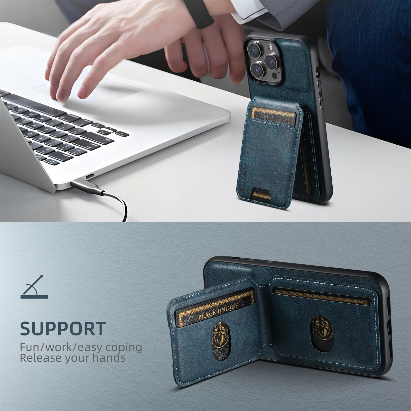 Luxury iPhone Case — Leather Wallet Magnetic Card Holder Pocket Cover, Anti-Scratch, Non-Slip, Full Protection, Plain Design