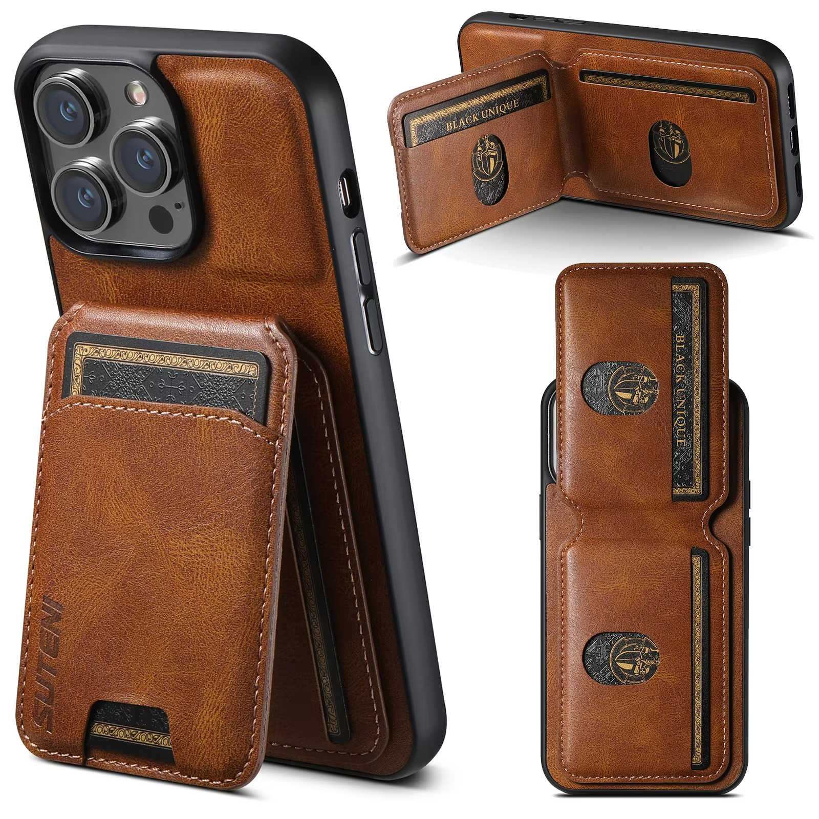Luxury iPhone Case — Leather Wallet Magnetic Card Holder Pocket Cover, Anti-Scratch, Non-Slip, Full Protection, Plain Design