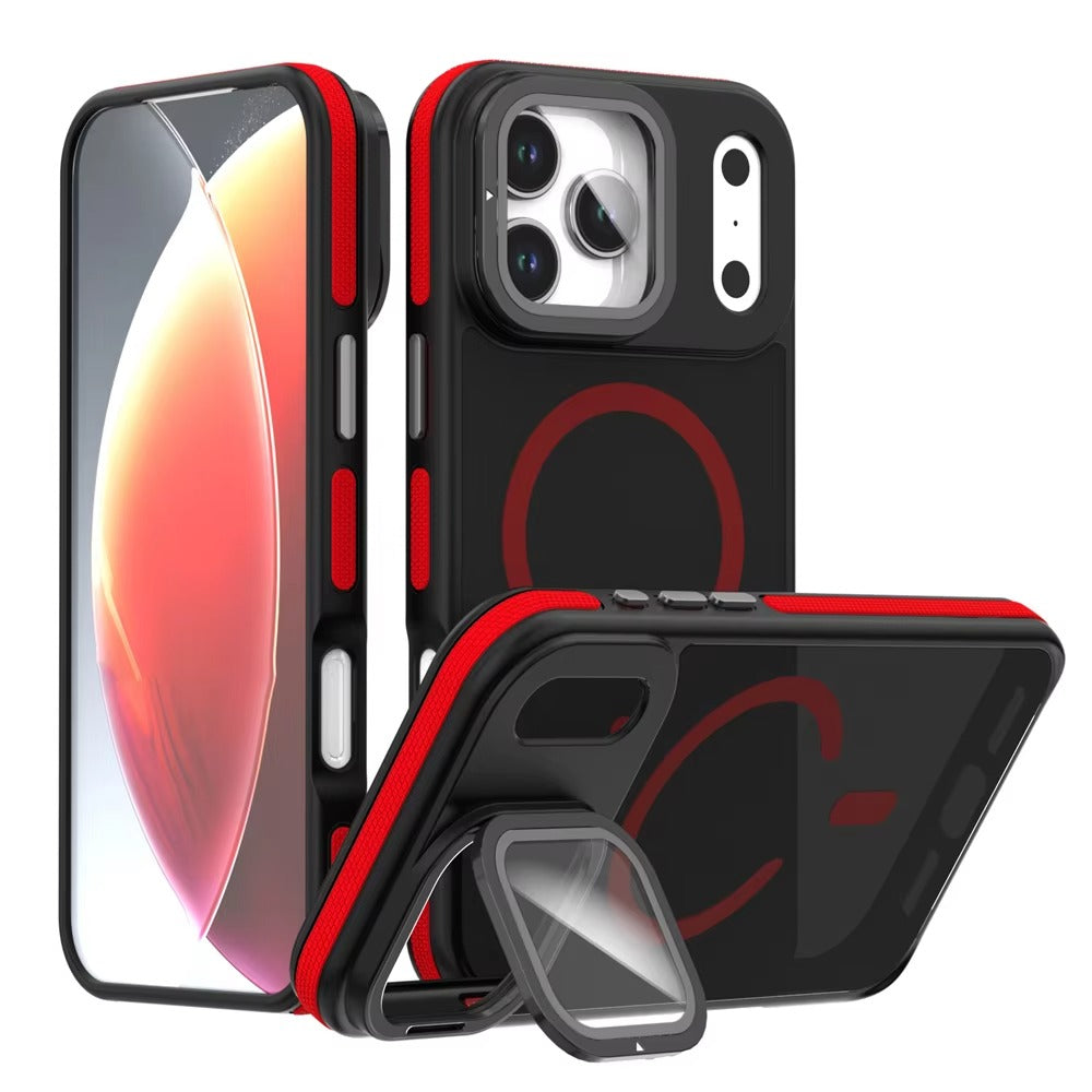 Luxury iPhone Case — MagSafe Matte Clear Magnetic TPU+PC Cover with Glass Lens Camera Protection and Built-In Stand