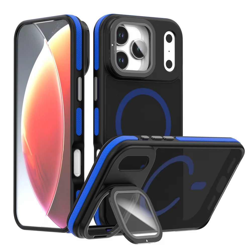 Luxury iPhone Case — MagSafe Matte Clear Magnetic TPU+PC Cover with Glass Lens Camera Protection and Built-In Stand