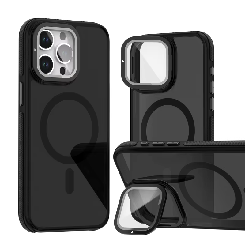 Luxury iPhone Case — MagSafe Matte Clear Magnetic TPU+PC Cover with Glass Lens Camera Protection and Built-In Stand