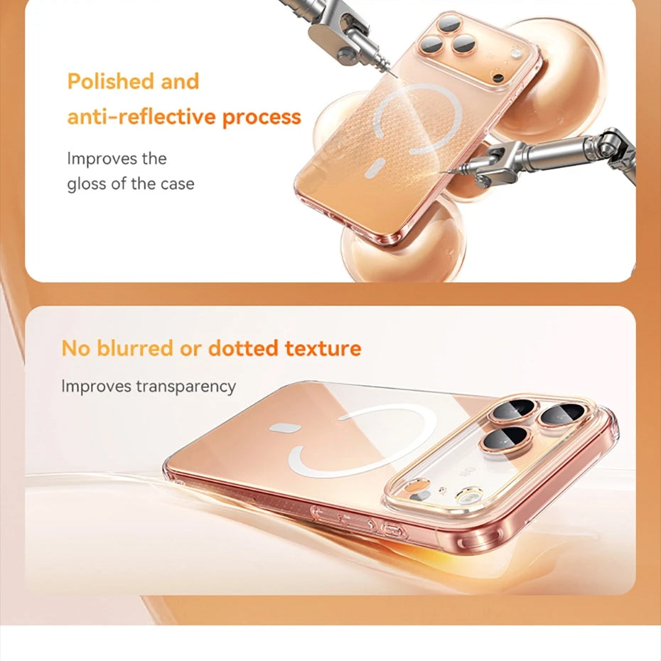 Luxury iPhone Case — Magnetic MagSafe Clear PC+TPU Wireless-Charging Cover, Shockproof, Anti-Fingerprint, Half-Wrapped Protection