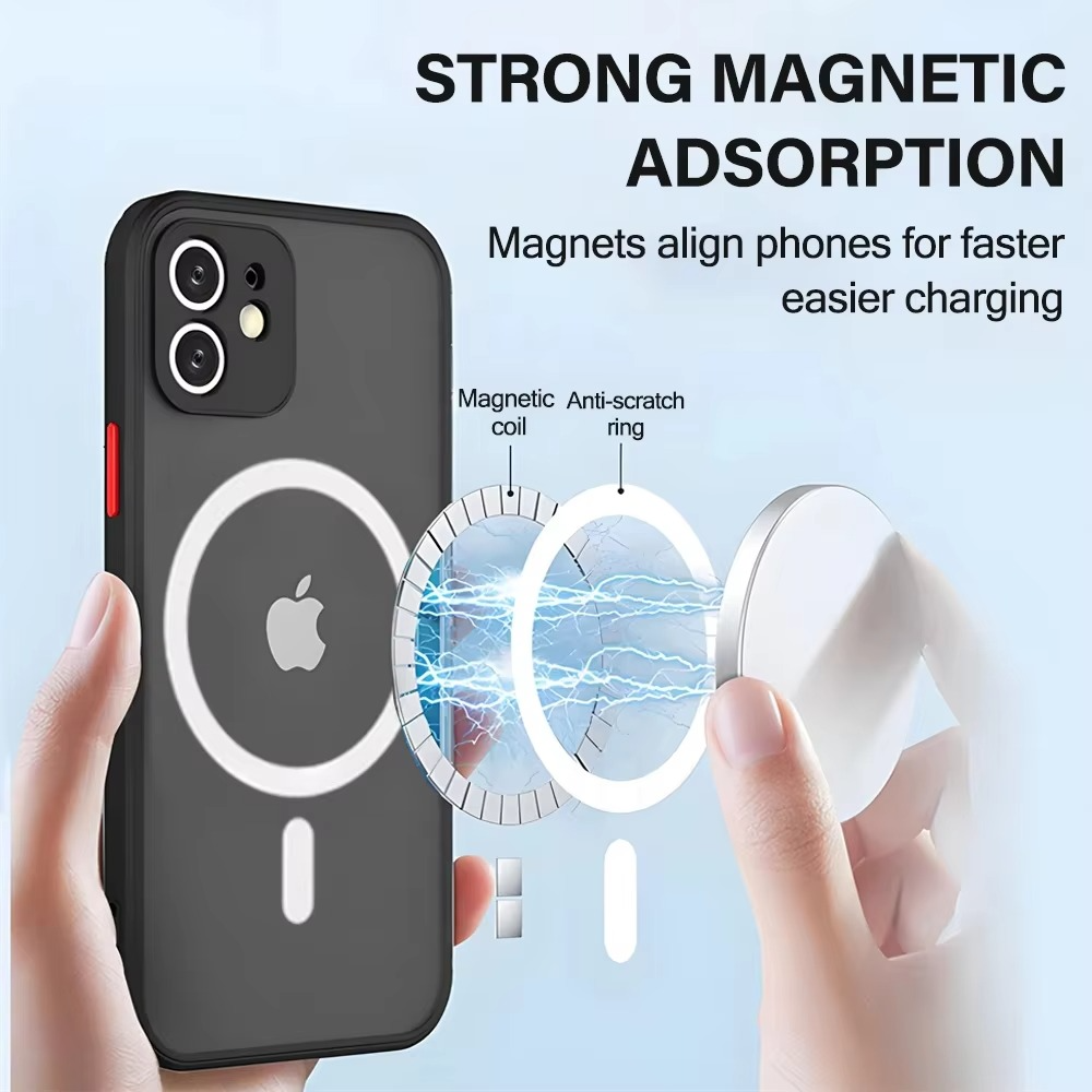 Luxury iPhone Case — Magnetic Matte Soft Silicone Cover with Color Collision, Camera Lens Protection, Shockproof, Anti-Scratch, MagSafe Compatible Design