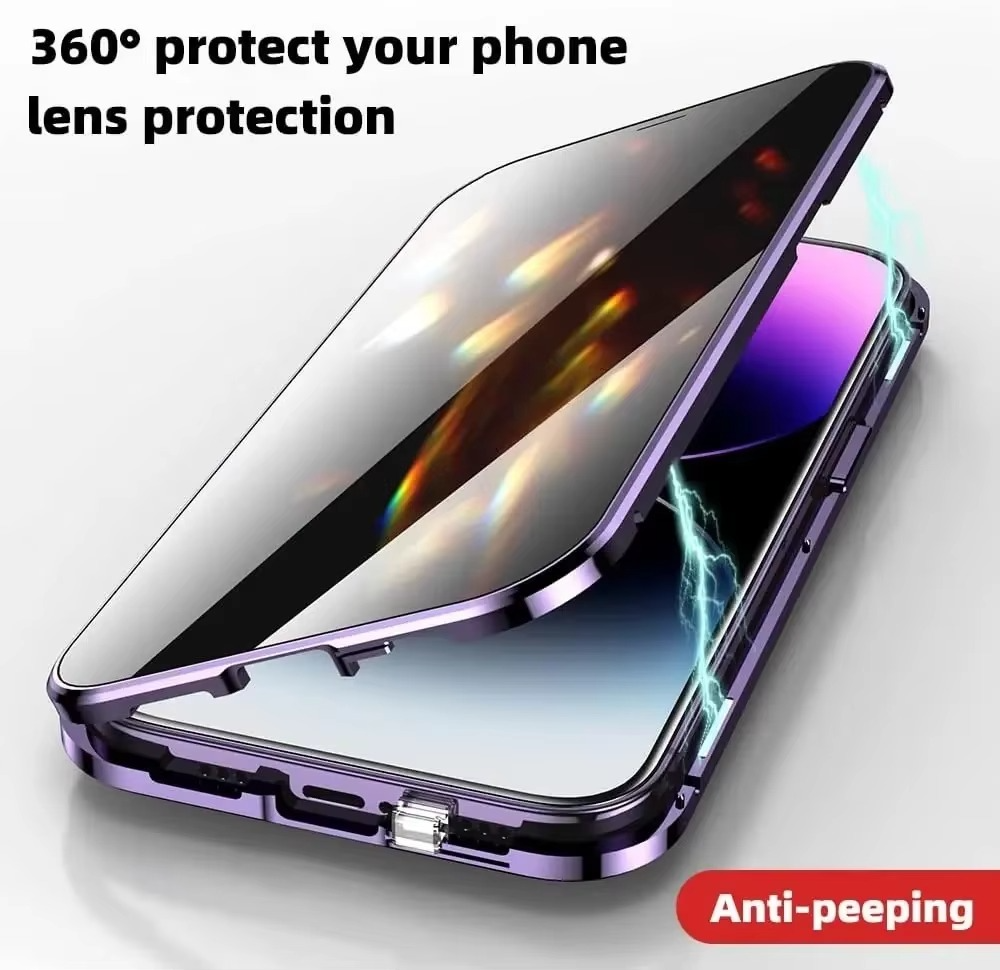 Luxury iPhone Case — Metal Magnetic Privacy Tempered Glass Cover with 360° Shockproof Full Coverage, Anti-Scratch, Non-Slip, Lightweight Design