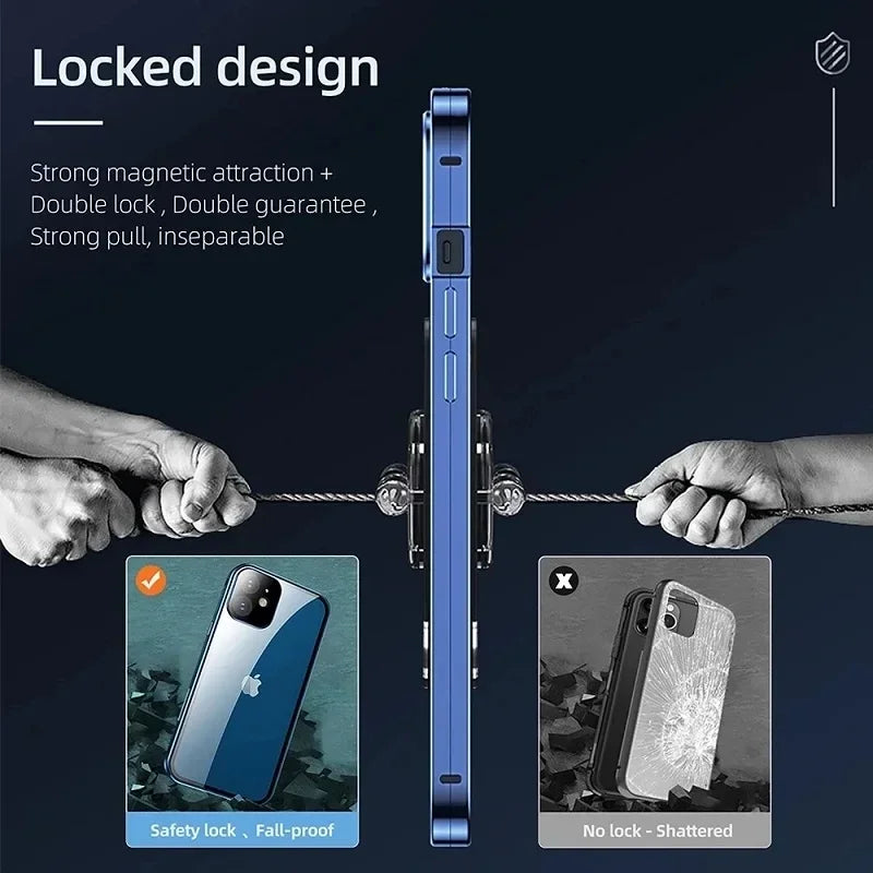 Luxury iPhone Case — Metal Magnetic Privacy Tempered Glass Cover with 360° Shockproof Full Coverage, Anti-Scratch, Non-Slip, Lightweight Design