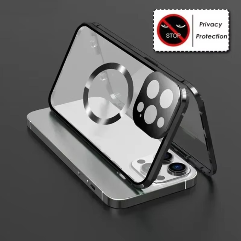 Luxury iPhone Case — Metal Magnetic Privacy Tempered Glass Cover with 360° Shockproof Full Coverage, Anti-Scratch, Non-Slip, Lightweight Design