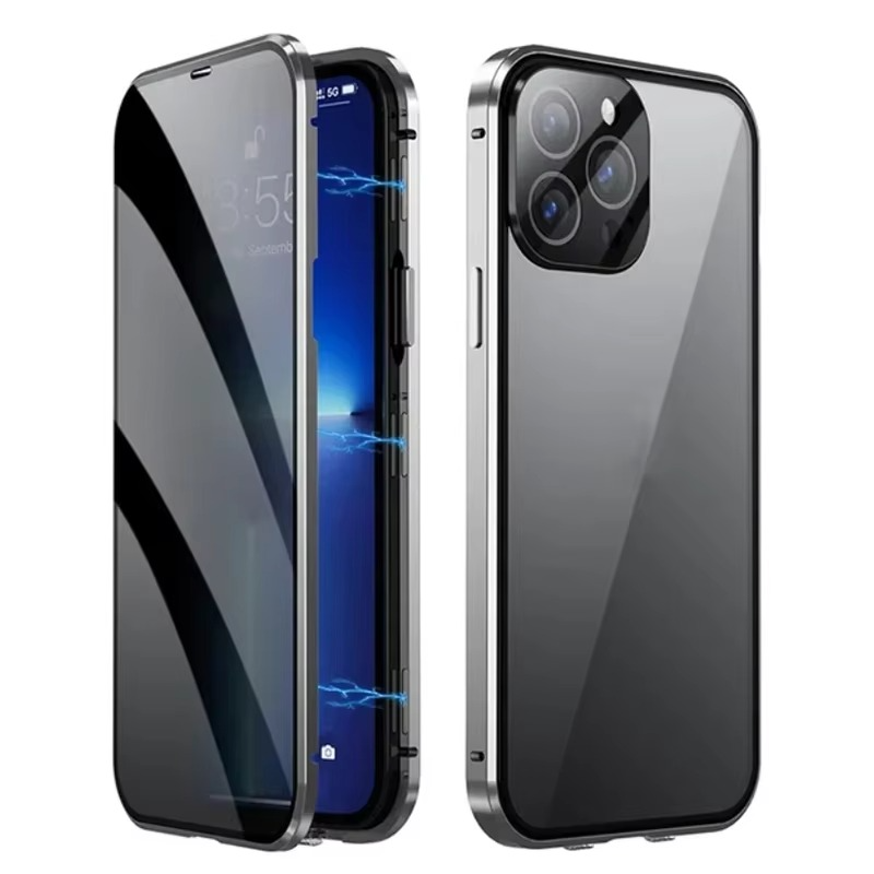 Luxury iPhone Case — Metal Magnetic Privacy Tempered Glass Cover with 360° Shockproof Full Coverage, Anti-Scratch, Non-Slip, Lightweight Design