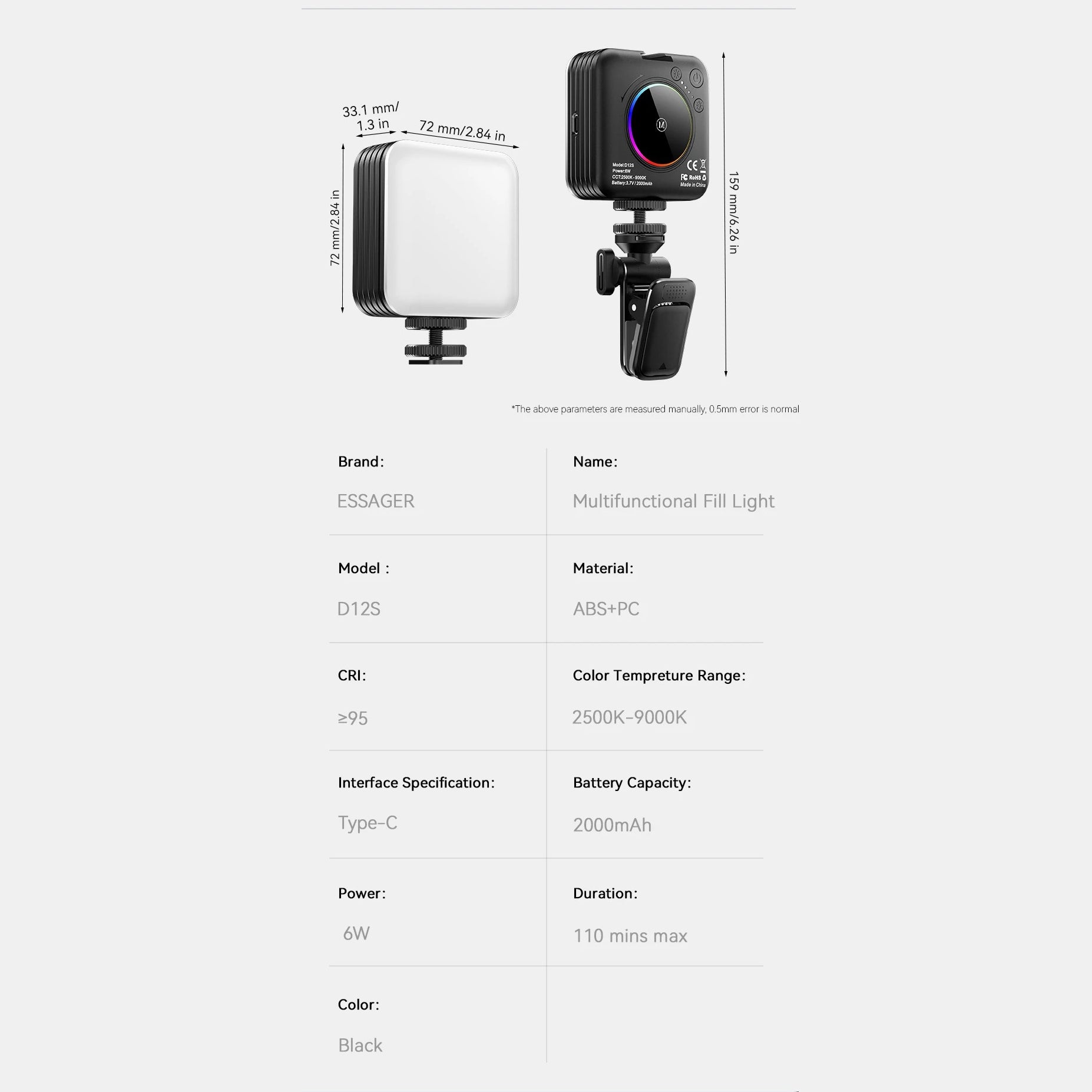 Luxury Portable RGB Video Fill Light with 2000mAh Battery, 2500–9000K Adjustable Color Temperature, CRI95 Pocket Light for Vlog & Livestream