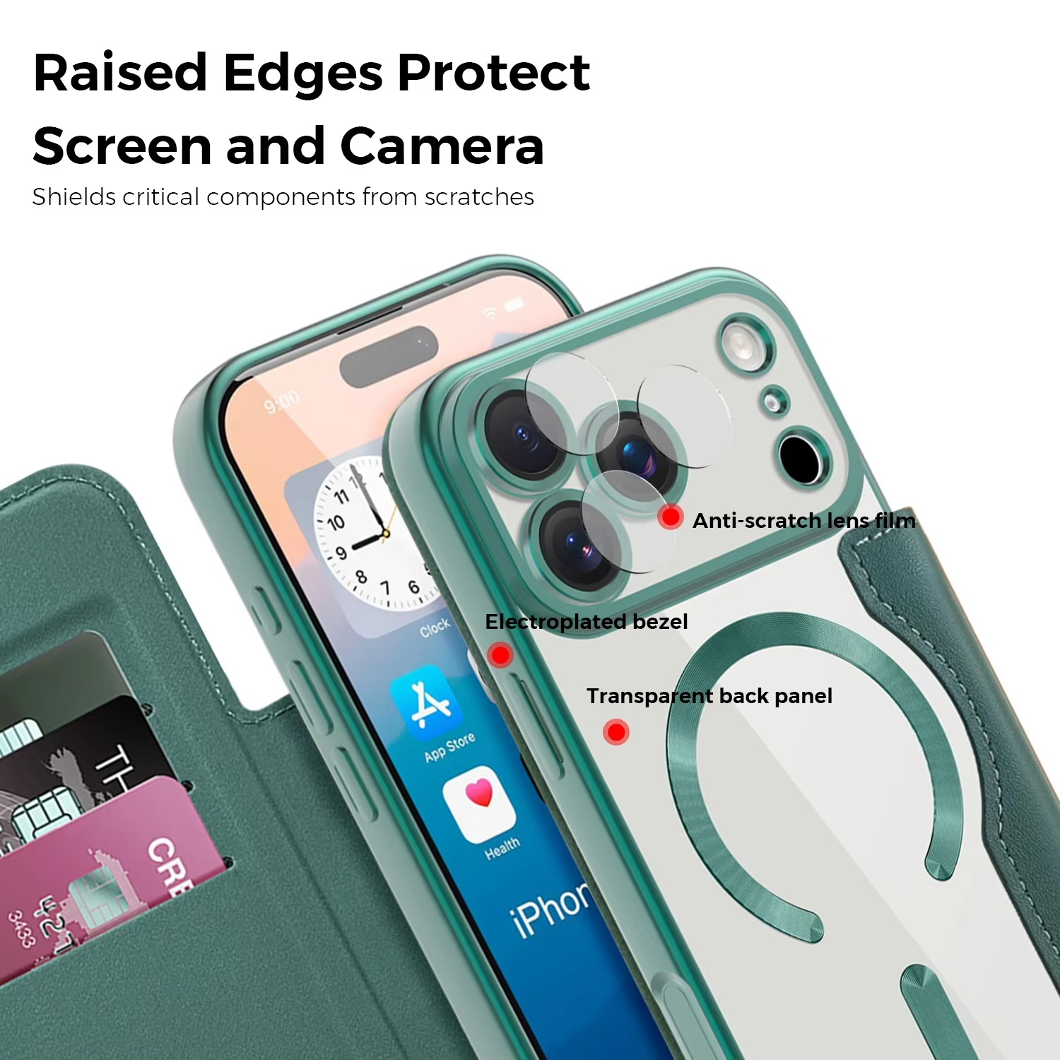Luxury iPhone Case — Transparent Flip Leather MagSafe Compatible Magnetic Wallet Cover, Shockproof, Anti-Fingerprint, Card Holder, Kickstand, Dustproof Design