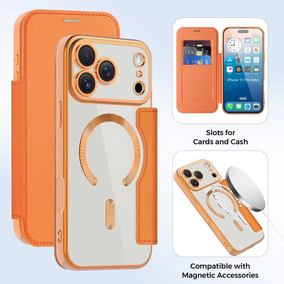 Luxury iPhone Case — Transparent Flip Leather MagSafe Compatible Magnetic Wallet Cover, Shockproof, Anti-Fingerprint, Card Holder, Kickstand, Dustproof Design