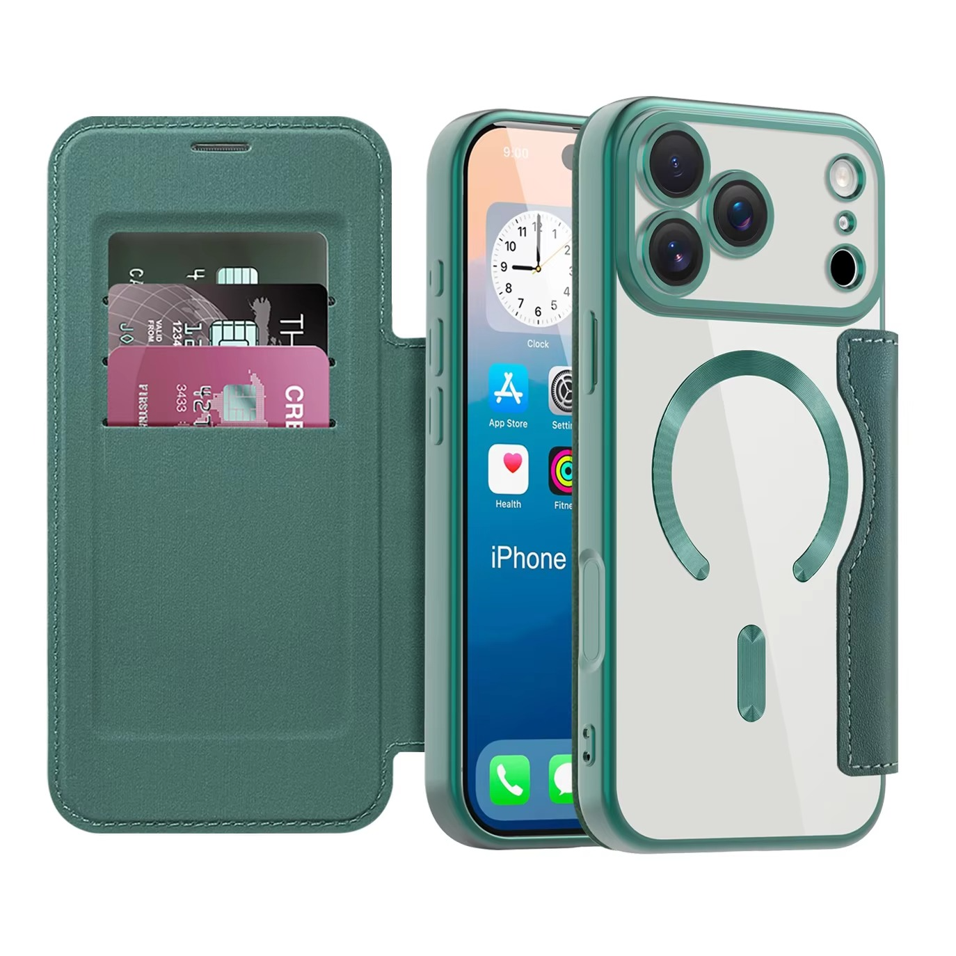 Luxury iPhone Case — Transparent Flip Leather MagSafe Compatible Magnetic Wallet Cover, Shockproof, Anti-Fingerprint, Card Holder, Kickstand, Dustproof Design
