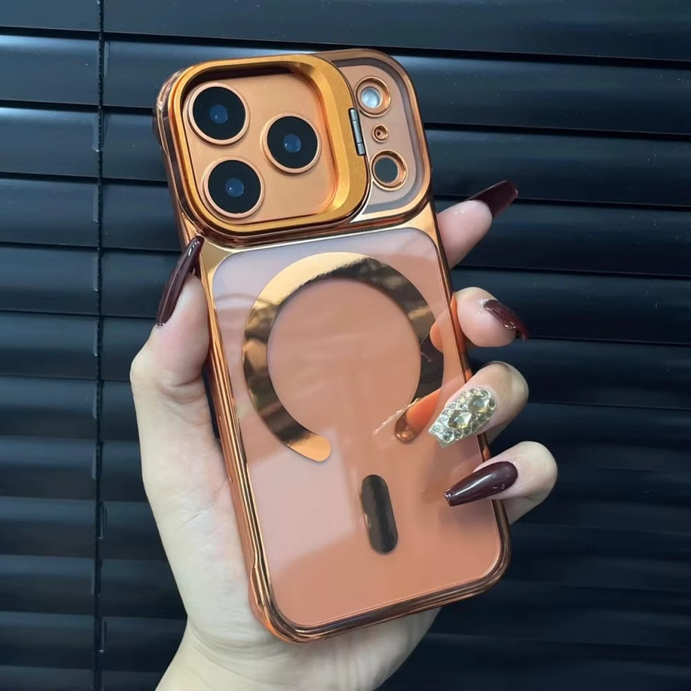 Luxury iPhone Case — Ultra-Thin Frameless Magnetic Plating Cover with Cooling Metal Camera Holder, MagSafe Compatible, Shockproof, Lightweight Full Protection Design
