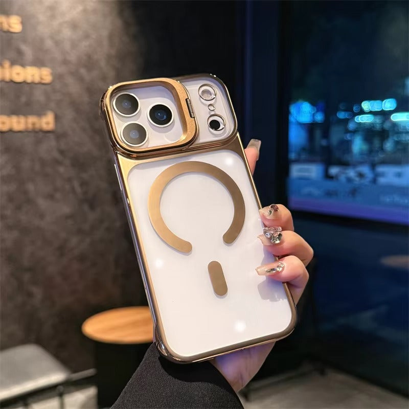 Luxury iPhone Case — Ultra-Thin Frameless Magnetic Plating Cover with Cooling Metal Camera Holder, MagSafe Compatible, Shockproof, Lightweight Full Protection Design