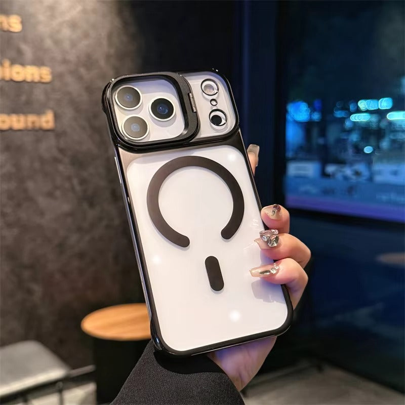 Luxury iPhone Case — Ultra-Thin Frameless Magnetic Plating Cover with Cooling Metal Camera Holder, MagSafe Compatible, Shockproof, Lightweight Full Protection Design