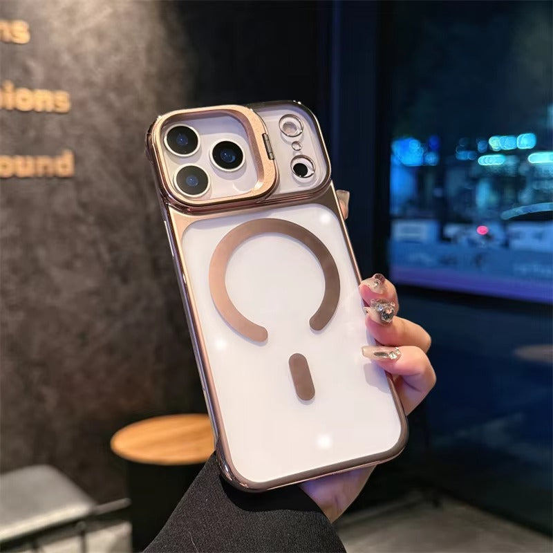 Luxury iPhone Case — Ultra-Thin Frameless Magnetic Plating Cover with Cooling Metal Camera Holder, MagSafe Compatible, Shockproof, Lightweight Full Protection Design