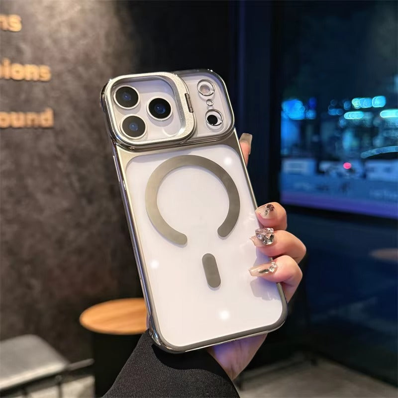 Luxury iPhone Case — Ultra-Thin Frameless Magnetic Plating Cover with Cooling Metal Camera Holder, MagSafe Compatible, Shockproof, Lightweight Full Protection Design