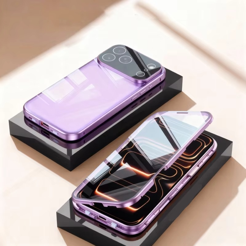 Luxury iPhone Case — 360° Full Protection Double-Sided Magnetic Glass with Aluminum Alloy Frame, Snap-Lock Bumper Cover, Shockproof, Anti-Scratch Design
