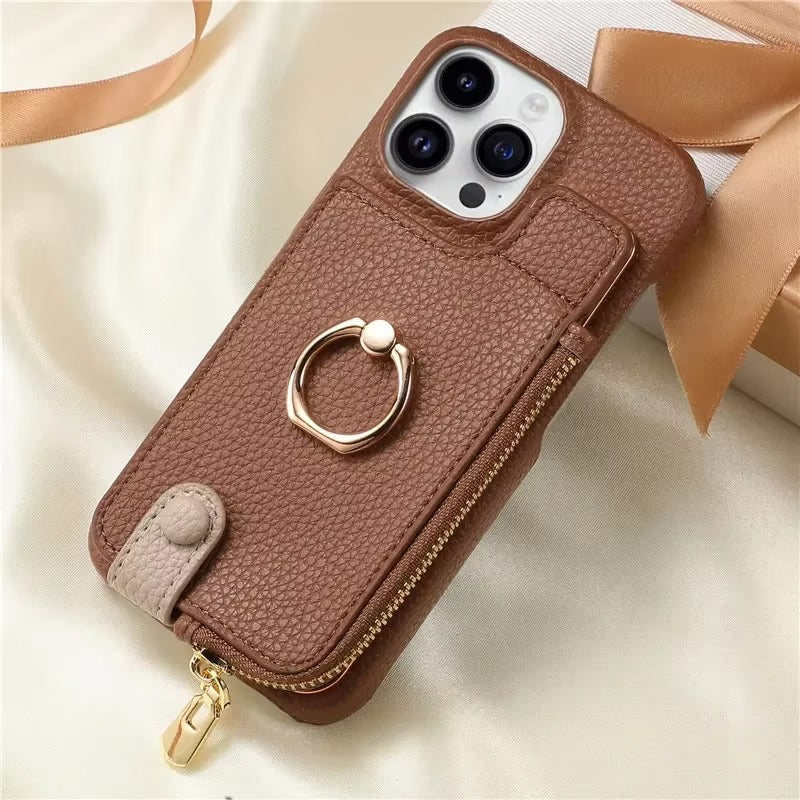 Luxury iPhone Case — Leather Zipper Wallet Cover with Card Holder Slot, Ring Kickstand, Magnetic Closure, Shockproof Drop Protection and Anti-Fingerprint Design