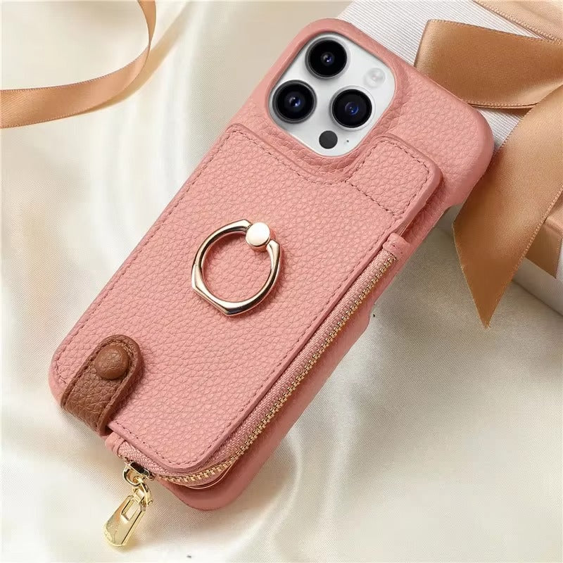 Luxury iPhone Case — Leather Zipper Wallet Cover with Card Holder Slot, Ring Kickstand, Magnetic Closure, Shockproof Drop Protection and Anti-Fingerprint Design